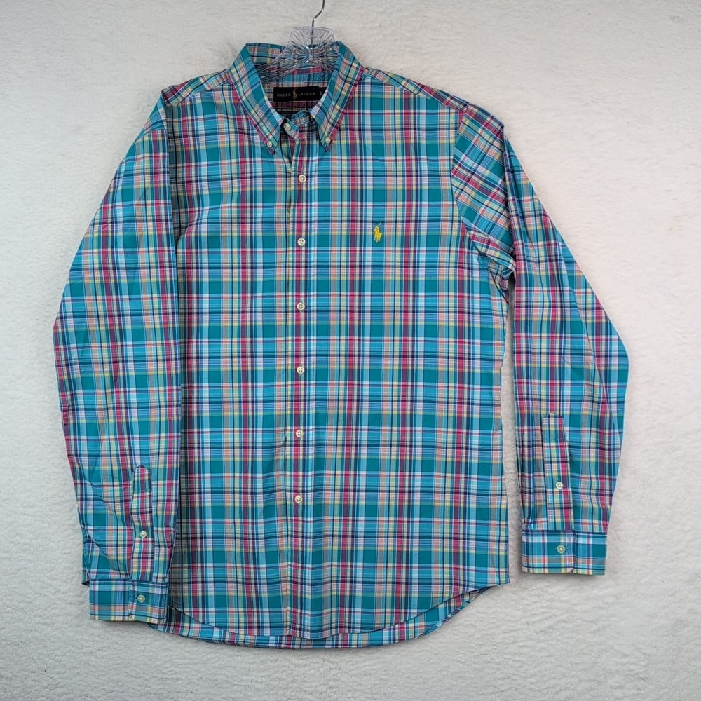 Polo Ralph Lauren Button Down Shirt Men's Large Cotton Blue Pink Plaid Bright
